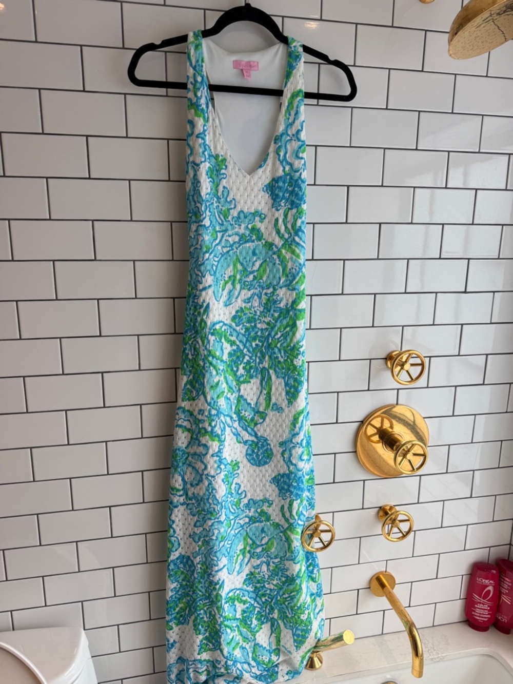 Lilly Pulitzer Sleeveless V Neck Maxi Dress (Stretchy) in Aqua, Lime & White